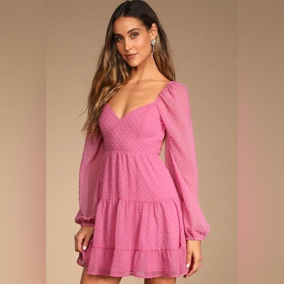 Lulus Longing And Love Pink Swiss Dot Puff Long Sleeve Mini Dress Size M NWT - Picture 2 of 9